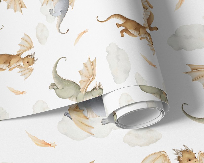 Kids wallpaper with sage, caramel and blue-gray watercolor dragons, clouds, sun and stars on white