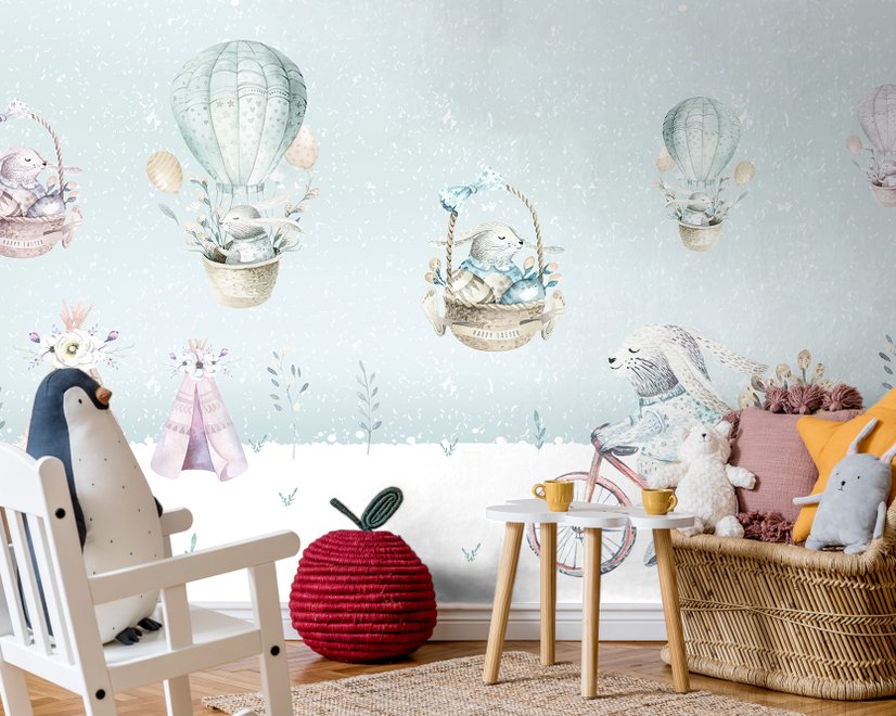 Cartoon-Winterlandschaft und Eichhörnchen mit Heißluftballons Fototapete