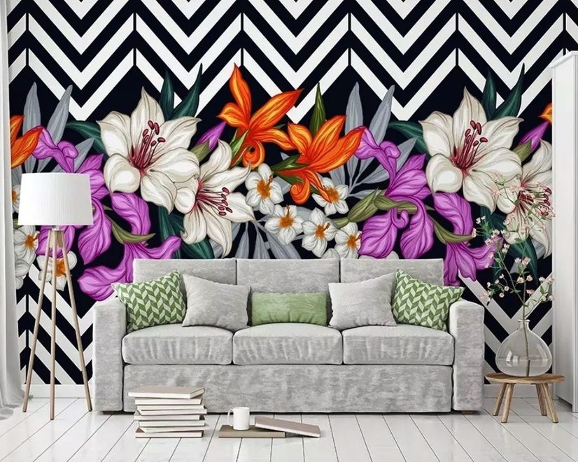 Colorful Flowers with Black White Stripe Patterned Wallpaper Mural