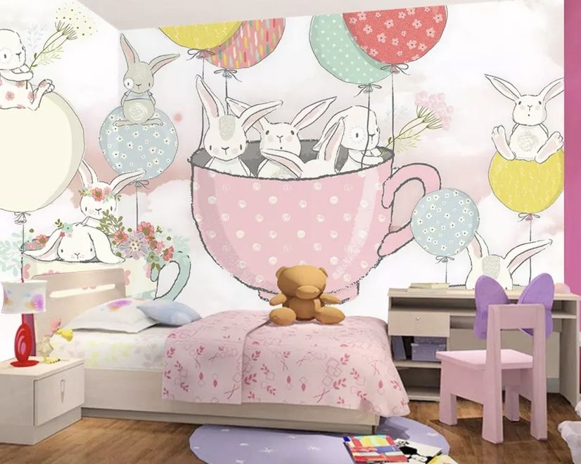 Rabbit Flying in the Cups with Baloon Wallpaper Mural