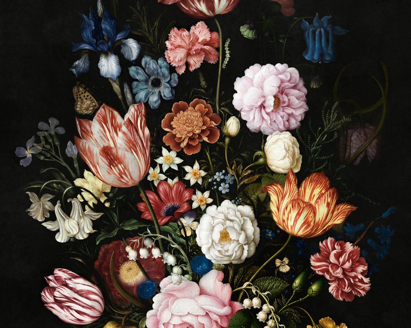 Elégant Papier peint panoramique hollandais foncé avec bouquets floraux