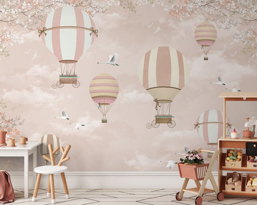 Kids Pink Hot Air Balloon and Cherry Blossom Wallpaper Mural