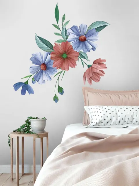 Blue Red Watercolor Daisy Floral Bouqet Wall Decal Sticker