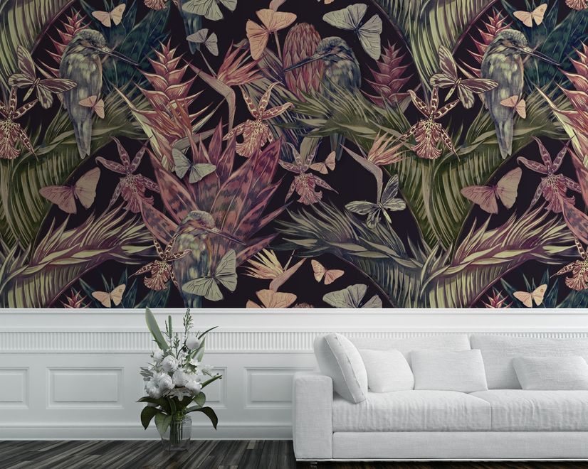 Tropical Birds on Branch with Butterflies Wallpaper Mural