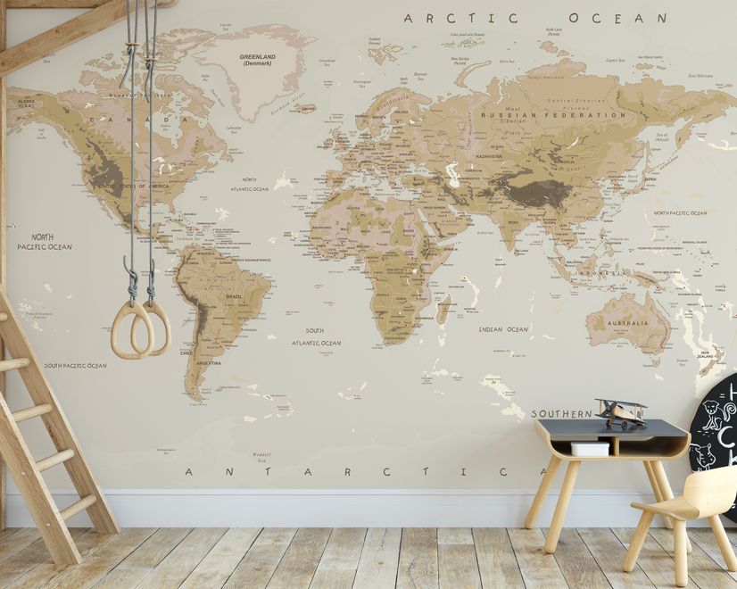 Soft Brown Political World Map Wallpaper Mural