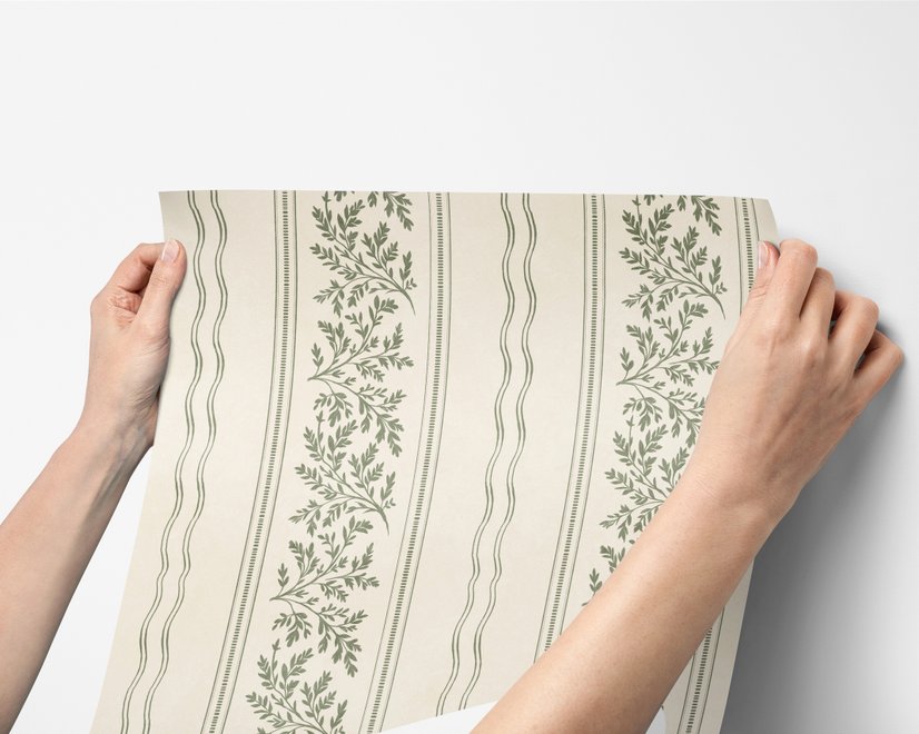 Green aesthetic wallpaper with sage leafy sprigs, fine vertical rules and dotted borders on cream ivory