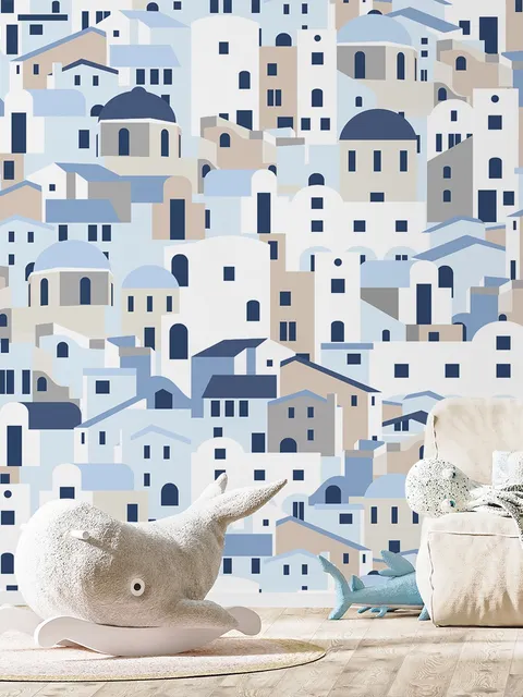 Cartoon Old Blue Greek House Wallpaper Mural