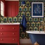 Art Deco feathers wallpaper with turquoise peacock eyes, gold plumes and navy teal ground