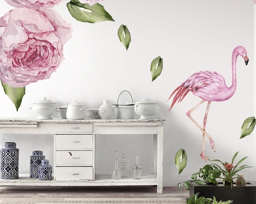 Wandtattoo mit Rosa Pfingstrosen und Flamingo