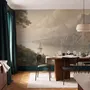 Landscape wallpaper mural with sepia coastal mountains, sailboat, beach figure and foreground tree