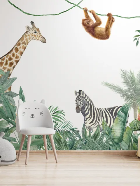 Cute Safari Animals with Jungle Kids Wallpaper Mural
