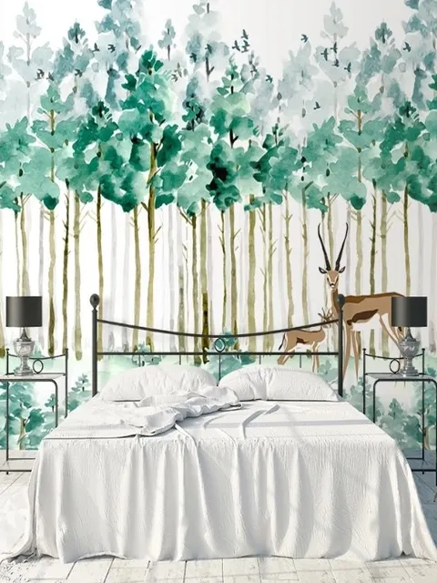 Aquarell Grüner Wald mit Elchen Fototapete