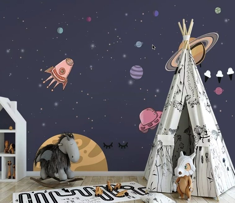 Wasserfarben-Cartoon-Weltraum-Fototapete mit Planeten