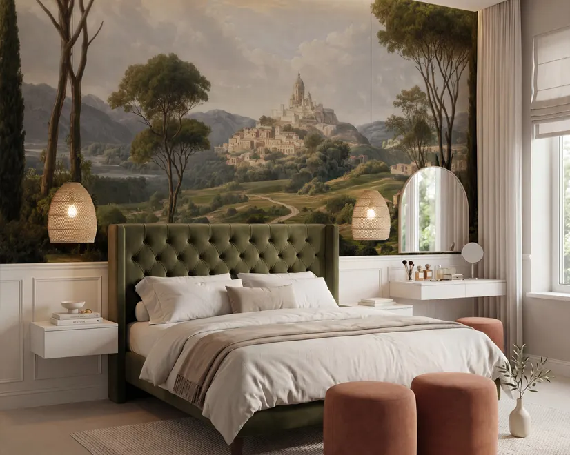 Vintage oil painting wallpaper of cypress trees, villas and a domed cathedral in an Italian landscape