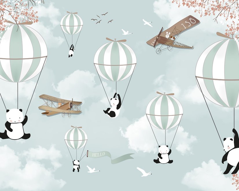 Fototapete mit Cartoon-Pandas und Heißluftballons