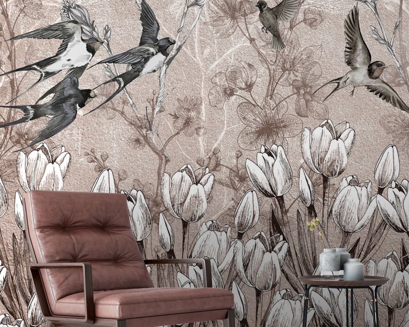 Fototapete Fliegende Vögel auf Blumen