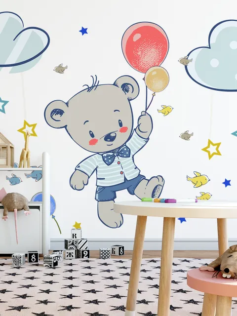 Kids Flying Cute Bear and Colorful Stars in the Cartoon Sky Wall Decal Sticker