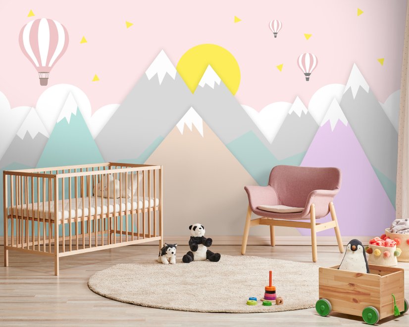 Pink Mountainscape and Hot Air Balloon Wallpaper Mural