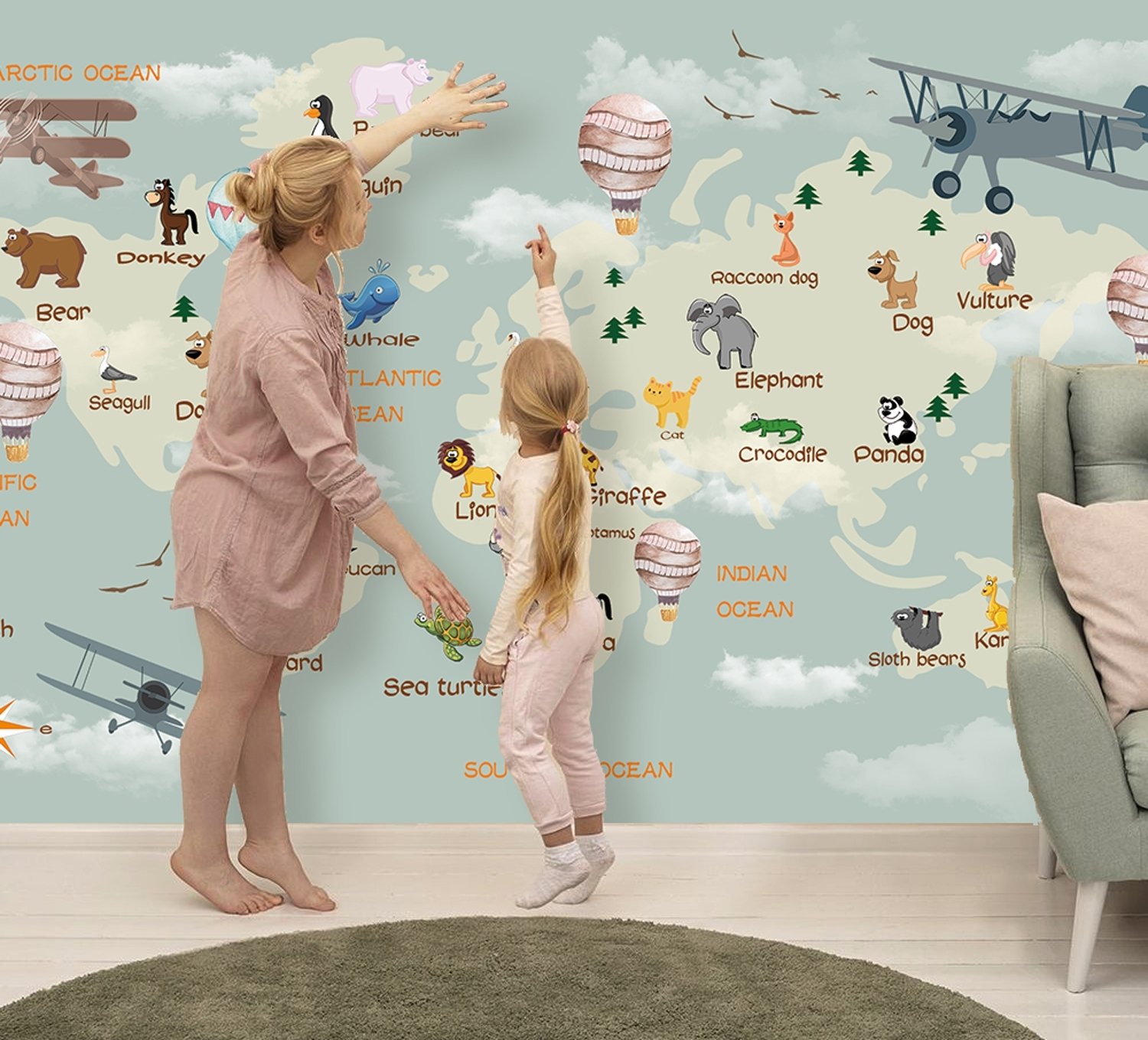Kids World Atlas with Animals Wallpaper Mural - Peel and Stick