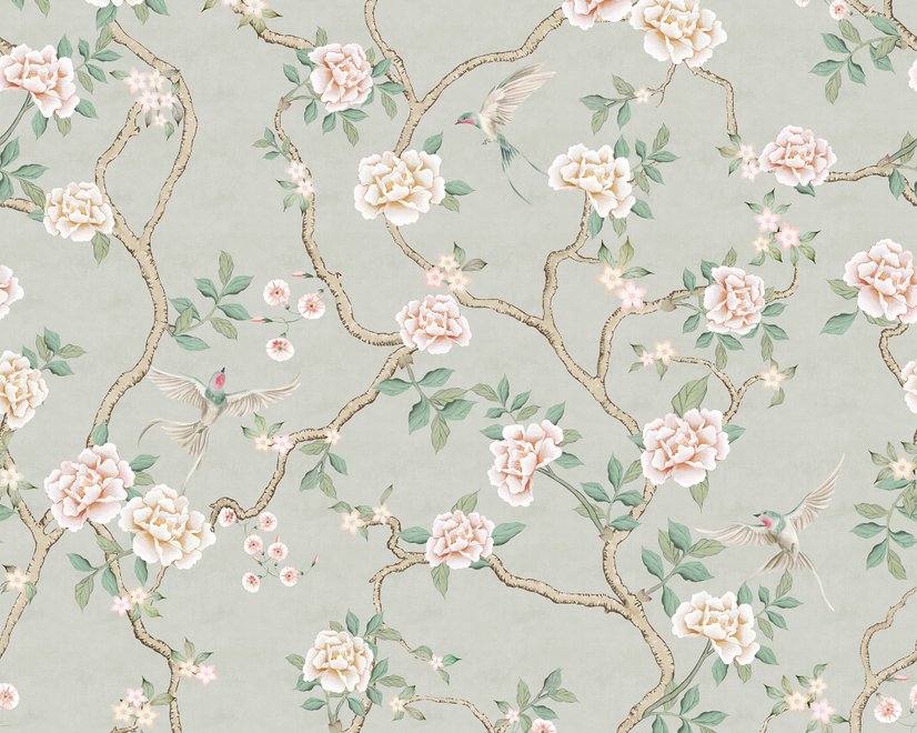 Papier peint art chinois doux avec pivoine et fleur d'arbre