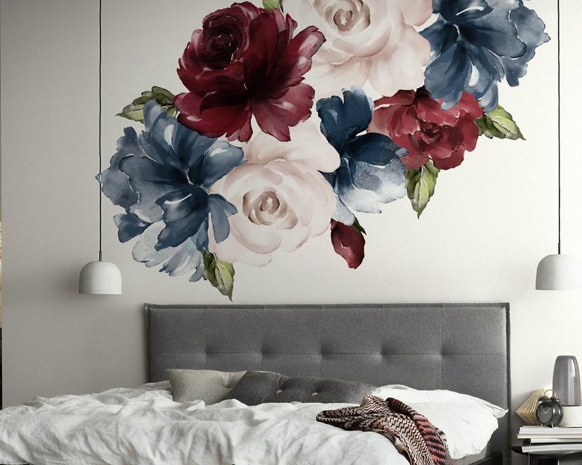 Stickers muraux bouquet floral de pivoine rouge foncé et bleu