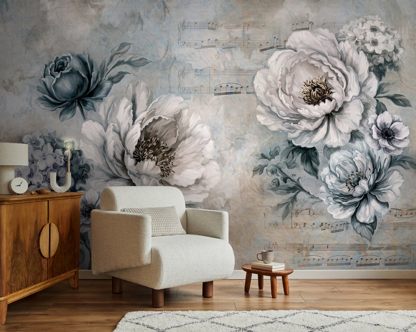 Papier peint panoramique floral avec des notes de musique