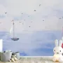 Watercolor Lighthouse and Sailboat Wallpaper Mural