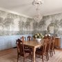 Coastal woodland wallpaper mural with grey trees, sandy path, sea horizon and small white sailboats
