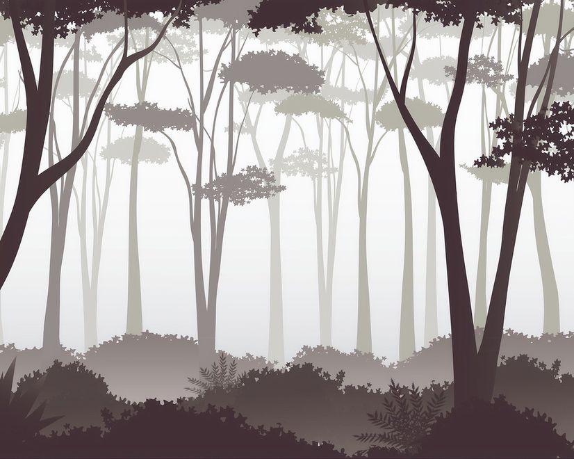 Monochrome Brown Forest and Tree Silhouette Wallpaper Mural