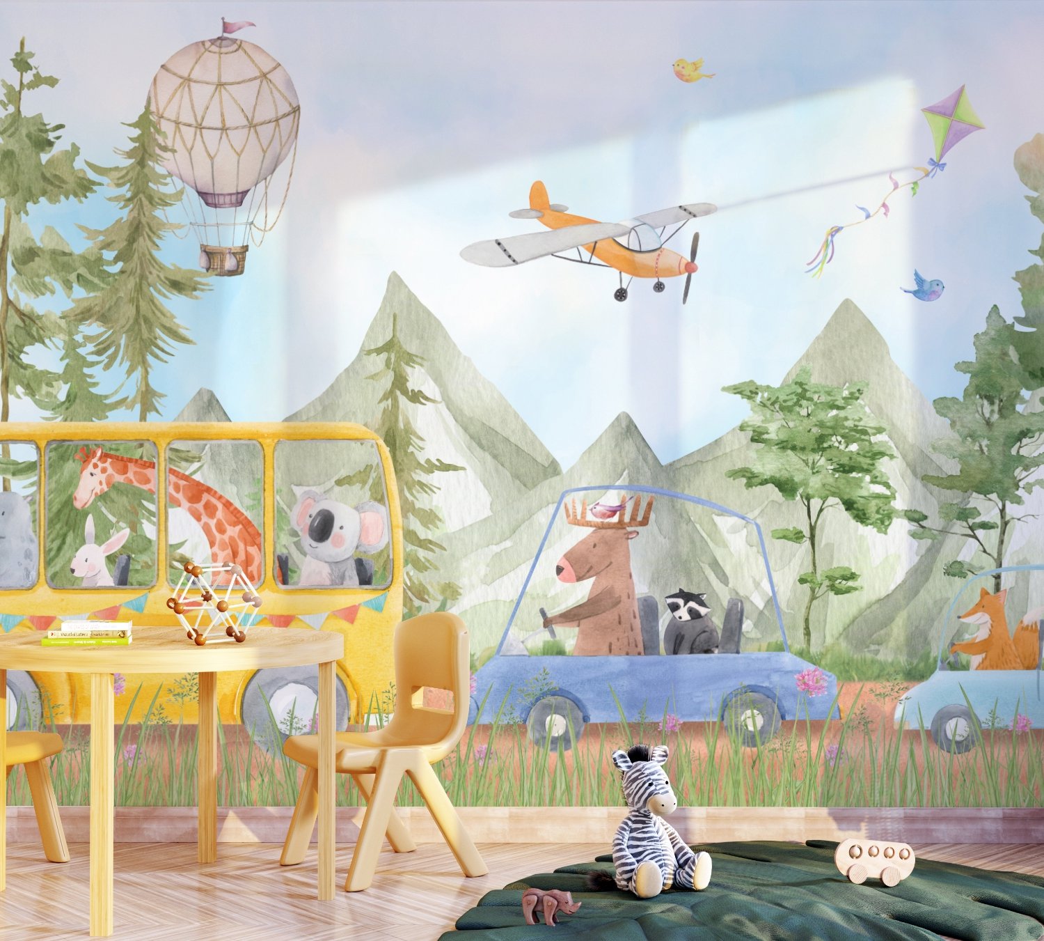 Kids Cute Watercolor Animals in the Bus Wallpaper Mural - Peel and Stick