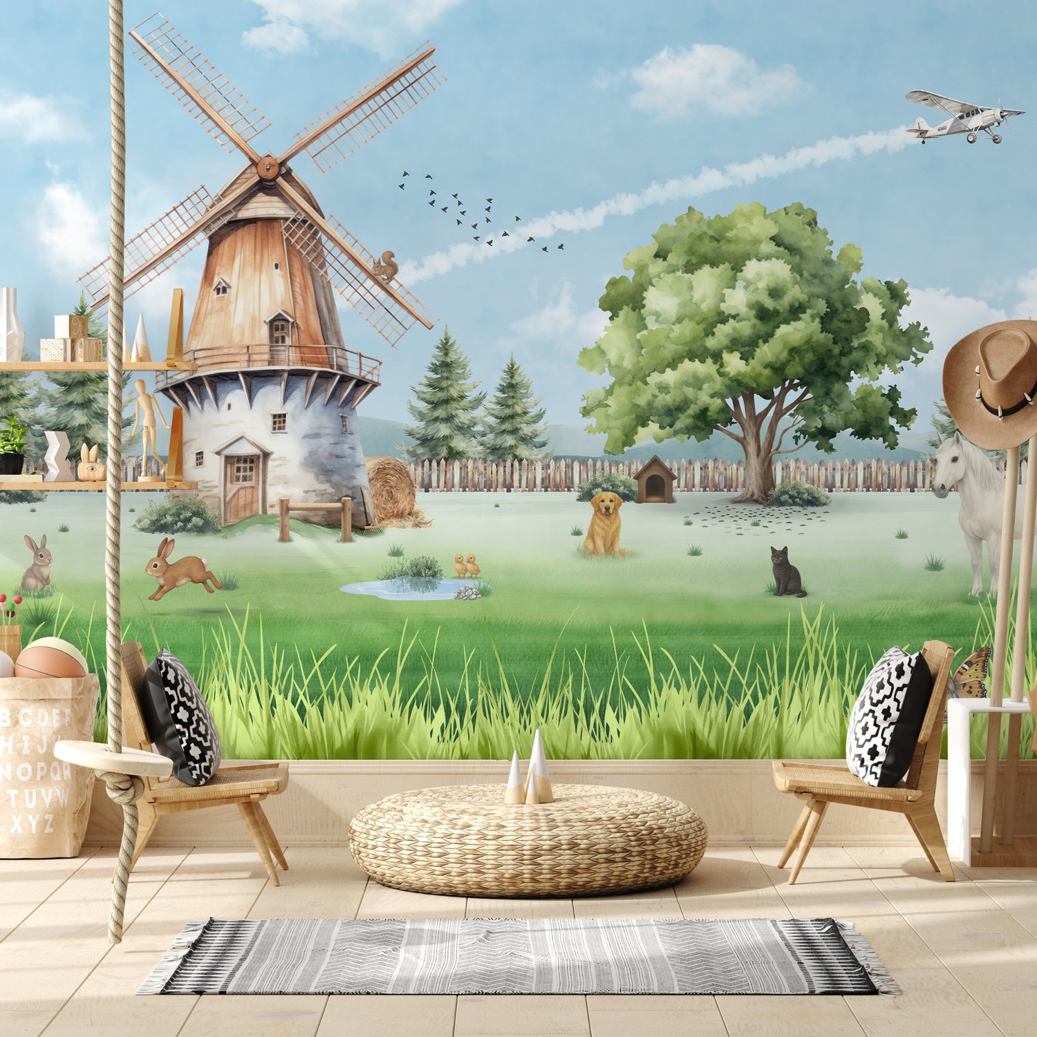 Cute Kids Windmill Farm Animals Wallpaper Mural - Peel and Stick