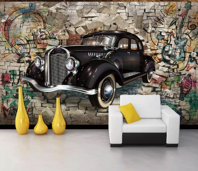 Retro Classic Car with Graffiti Wallpaper Mural - Peel and Stick