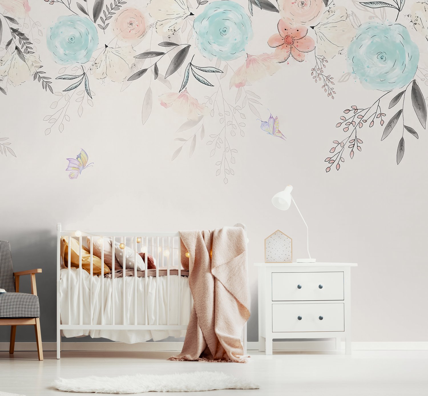Vintage Soft Blue Vine Flowers Wallpaper Mural - Peel and Stick
