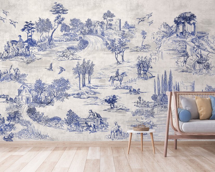 Vintage Monochrome Jouy Style Landscape Wallpaper Mural