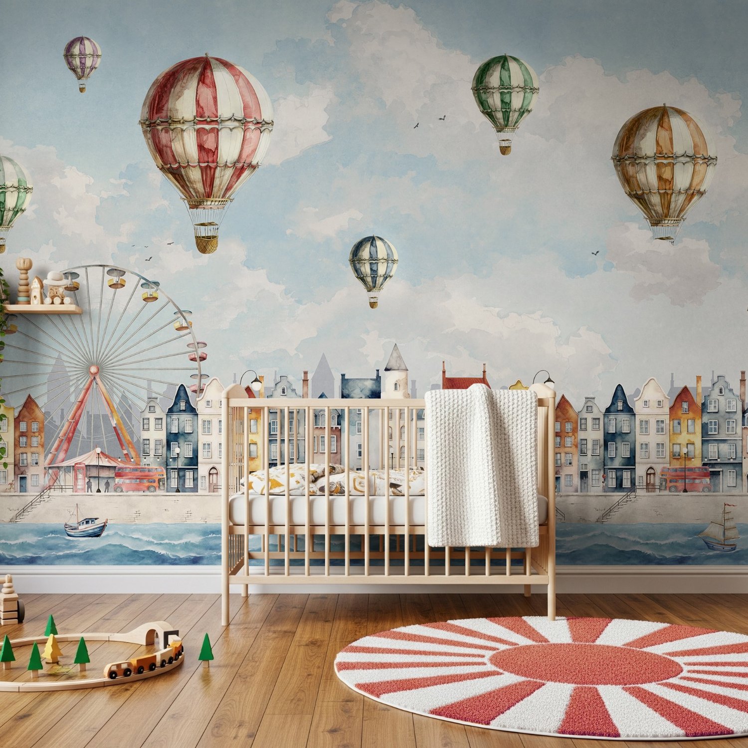 Kids Harbor Village and Hot Air Balloons Wallpaper Mural - Peel and Stick