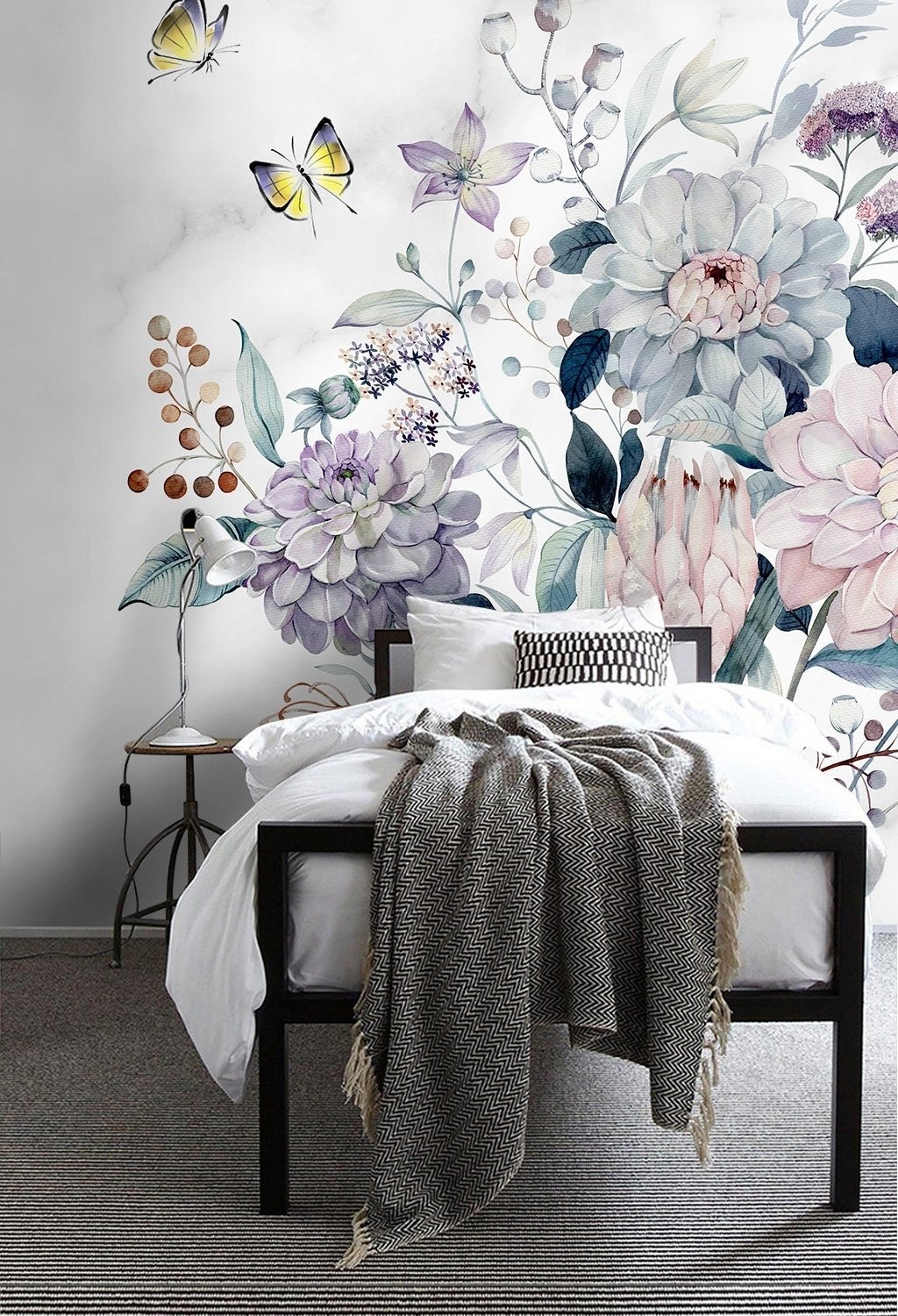 Soft Victorian Floral and Yellow Butterfly Wallpaper Mural - Peel and Stick