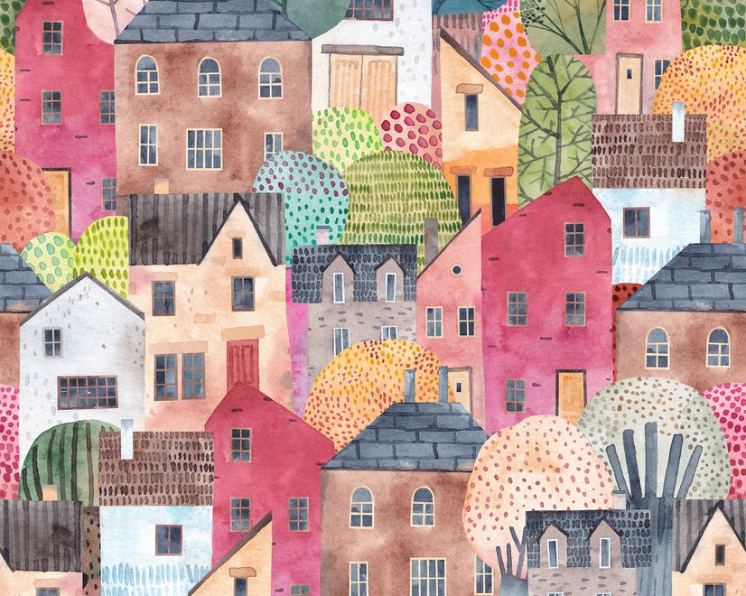 Kids Watercolor Cute Town House Wallpaper Mural