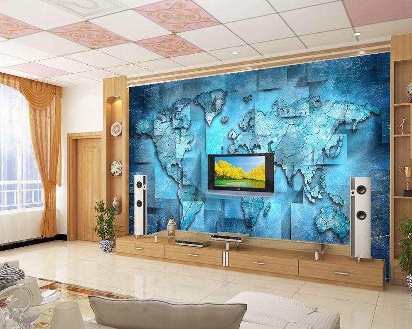 3D Effect Blue World Map Wallpaper Mural