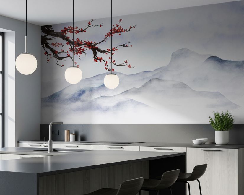 Snowy Mountainscape with Cherry Blossom Wallpaper Mural