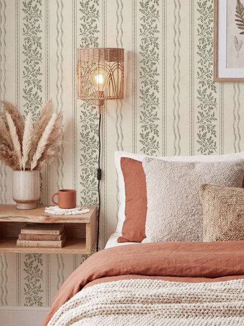 Green aesthetic wallpaper with sage leafy sprigs, fine vertical rules and dotted borders on cream ivory