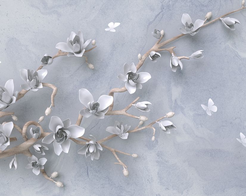 Artistic Magnolia Flowers and Branches Wallpaper Mural