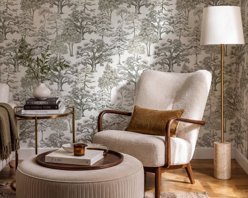 Monochrome wallpaper with grey tree toile on a clean white ground