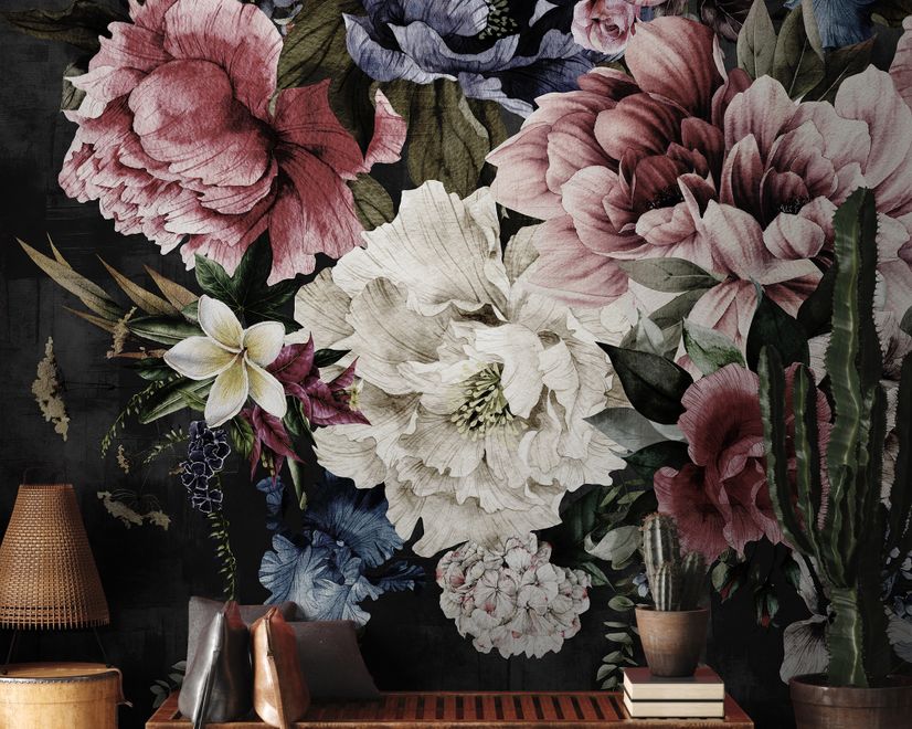 Watercolor Dark Peony Floral Wallpaper Mural