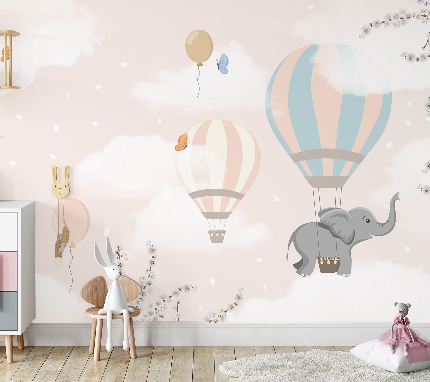 Kids Hot Air Balloons with Elephant Wallpaper Mural - Peel and Stick