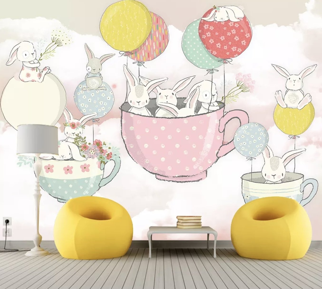 Rabbit Flying in the Cups with Baloon Wallpaper Mural - Peel and Stick