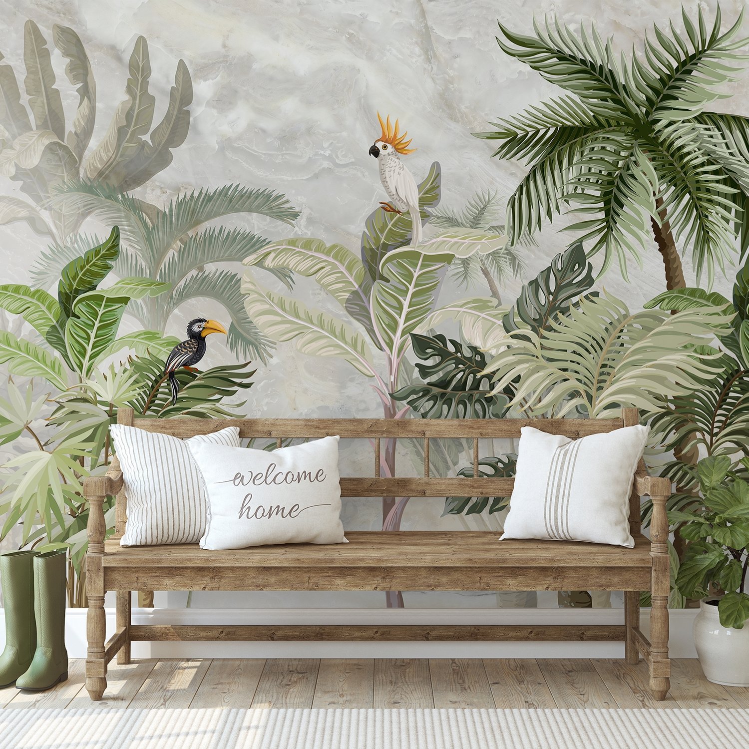 Green Tropical Forest with Parrot Wallpaper Mural - Peel and Stick
