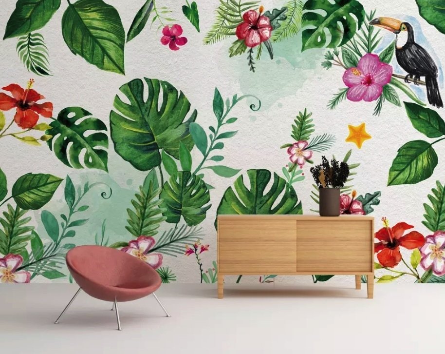 Colorful Mirabilis Flowers and Tropical Leaves Wallpaper Mural - Peel and Stick