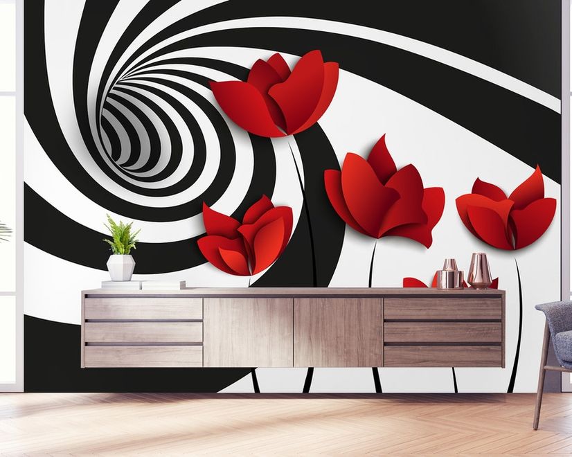 Red Poppy Floral with Abstract Fractal Wallpaper Mural