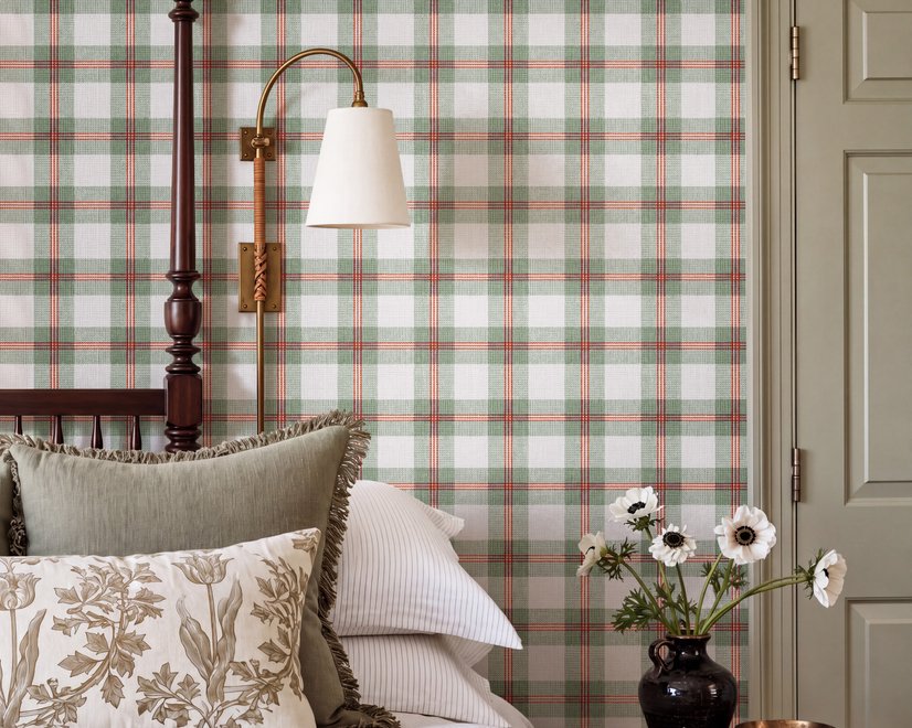 Sage green and cream-white tartan plaid wallpaper with deep red stripes and woven thread texture