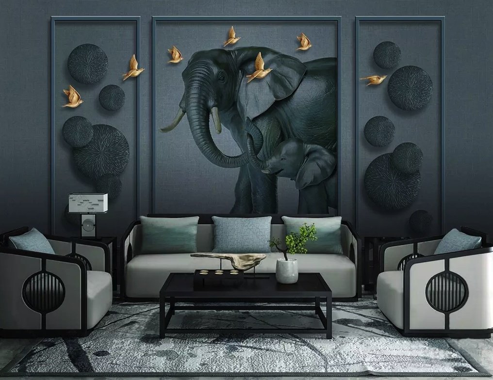 3D Embossed Look Dark Elephant and Birds Wallpaper Mural - Peel and Stick